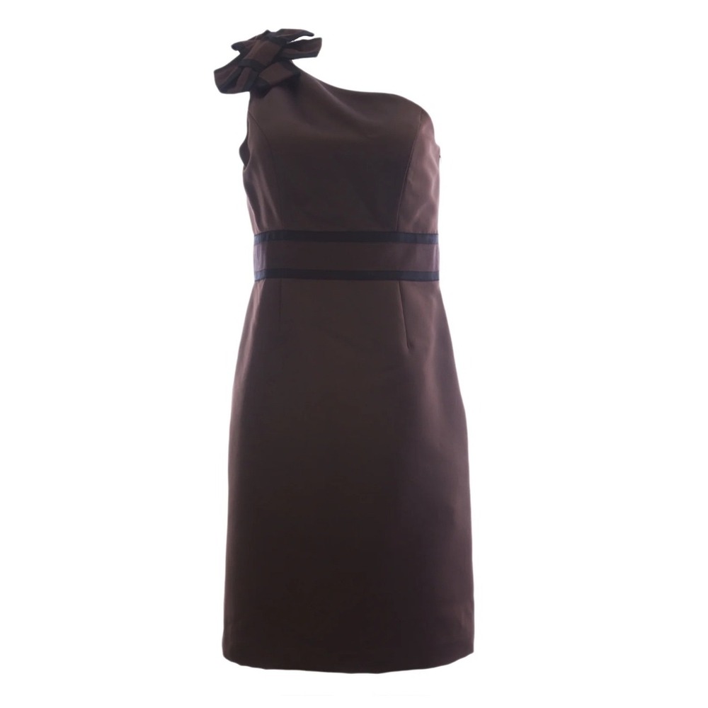 NUE By Shani Women's One Shoulder Satin Trim Dress Brown Size 12 Side Zip S147